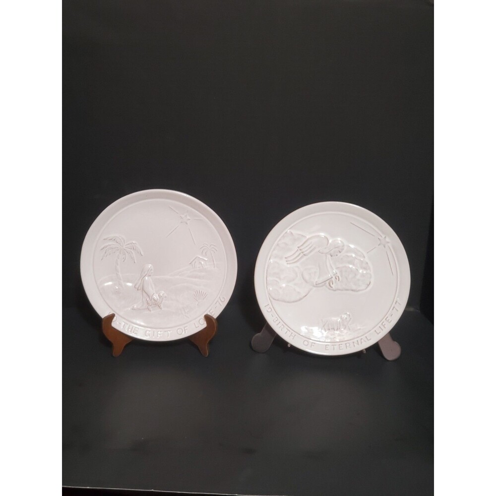 Frankoma Christmas Plates 1976 1977 Gift of Love Eternal Life Vtg Set Of 2 White